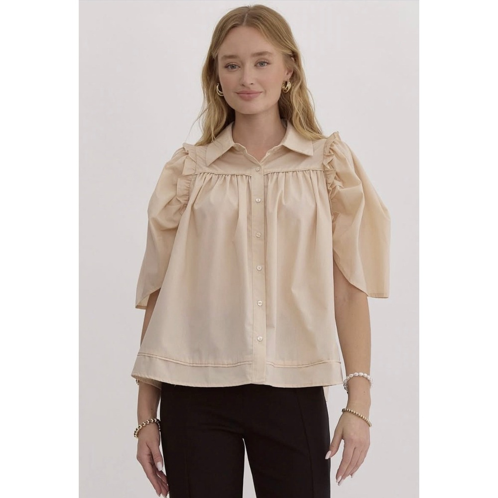 Entro Womens Beige Cotton Ruffle Puff Sleeve Babydoll Button Down Blouse S